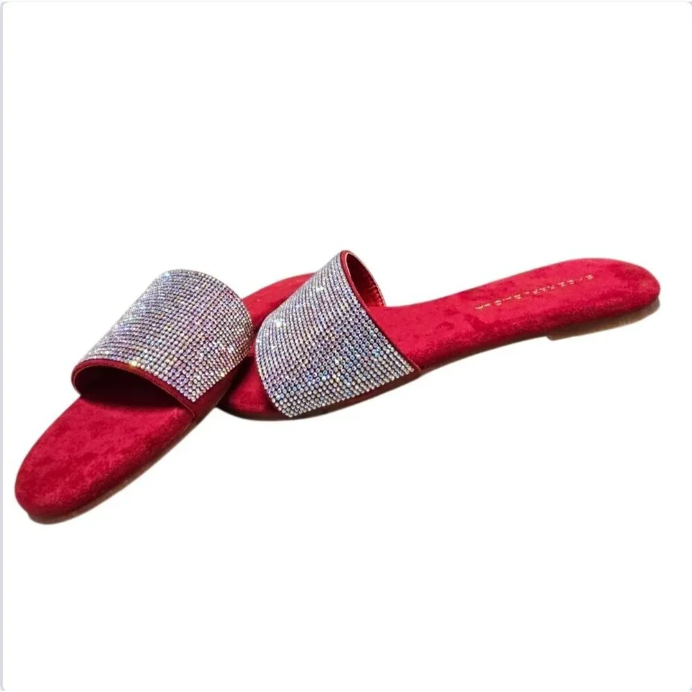 Womens Wine Rhinestone Flat Slide Sandals